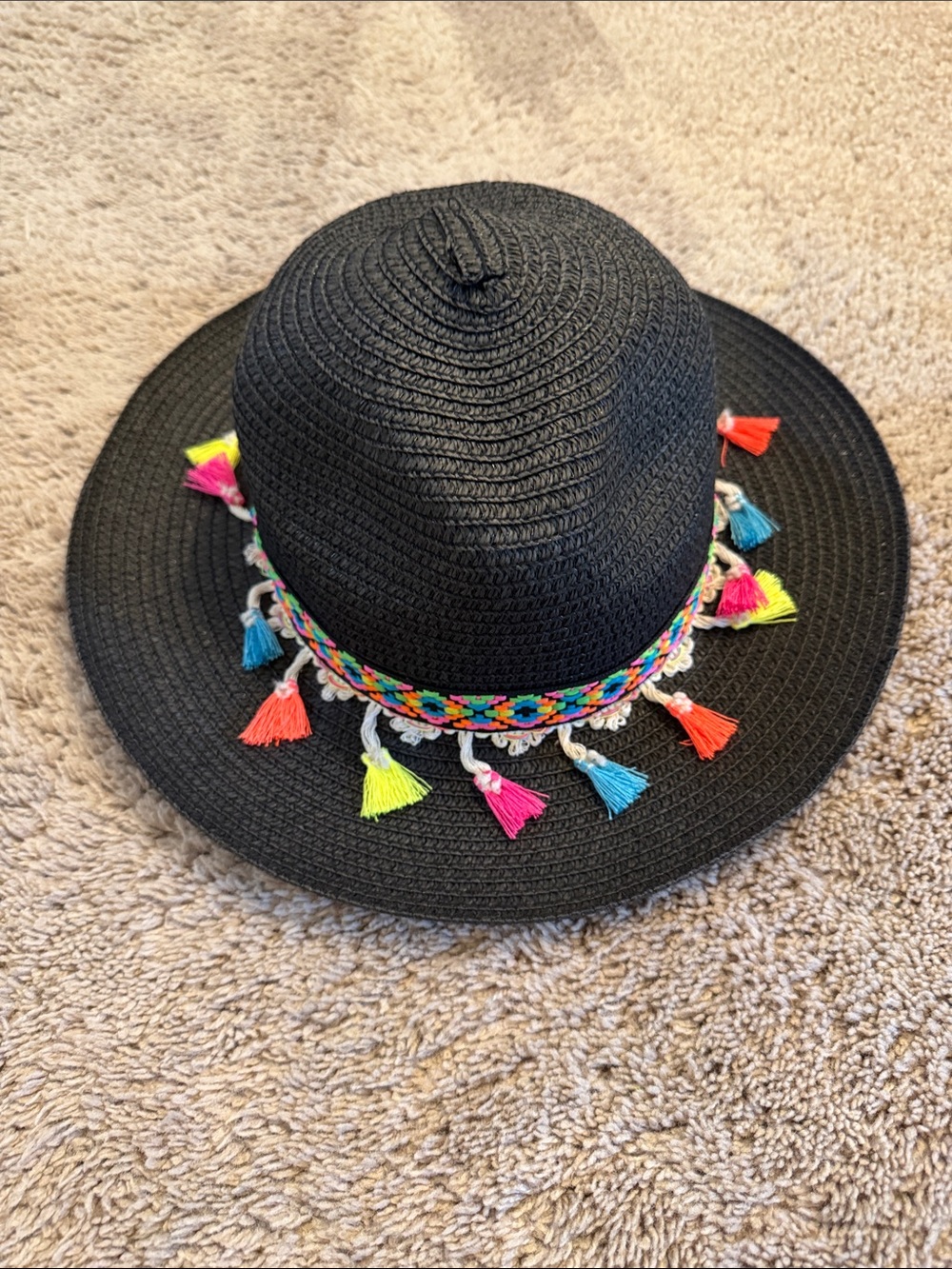 Black Straw Sun Hat with Multicolor Tassel Trim
